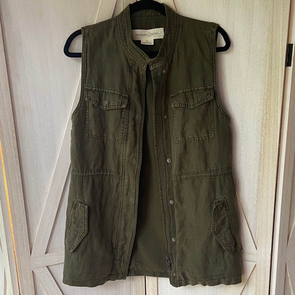 Treasure & Bond Olive Linen Blend Utility Vest, Size XS